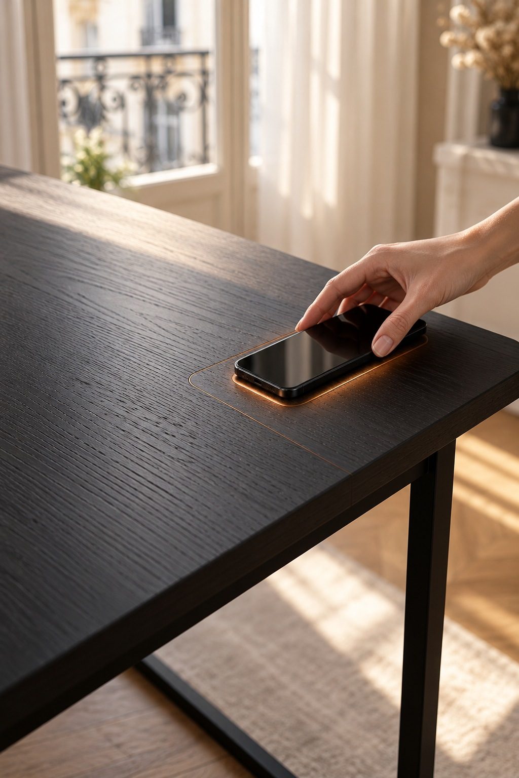 A hand sets a phone down on the copper-outlined charging zone