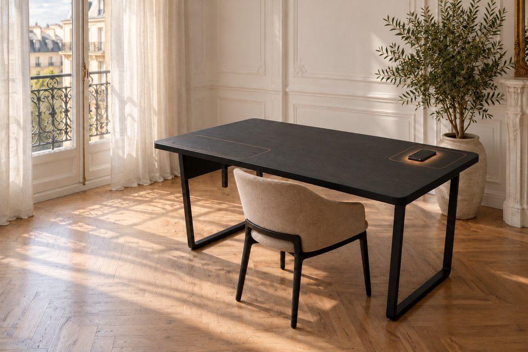 The heighten desk, closed, in a Parisian apartment in the morning sun