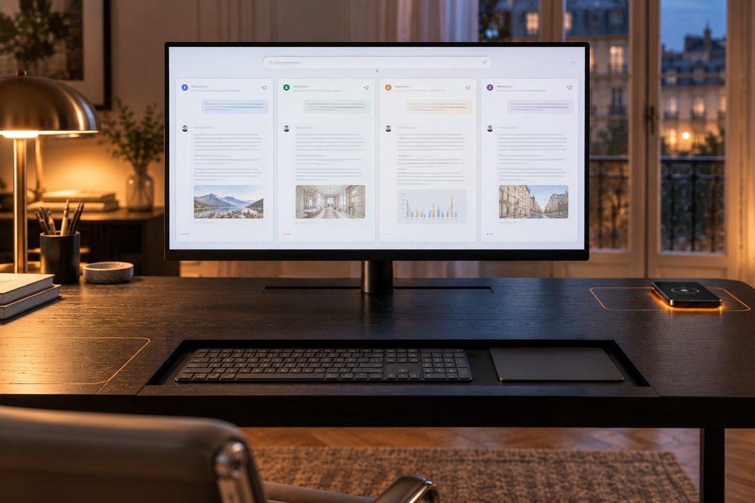Four AI assistants answer the same question side by side on the desk's screen