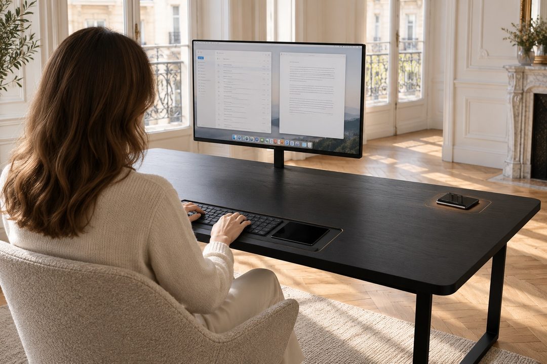 A user working at the heighten desk: inbox and document side by side on the 27-inch screen