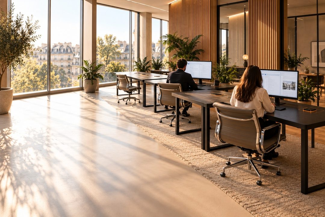 A corporate open space fitted with heighten desks, two open and two closed