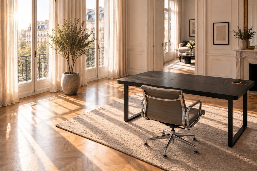 heighten desk closed, bare matt black top, in a bright interior