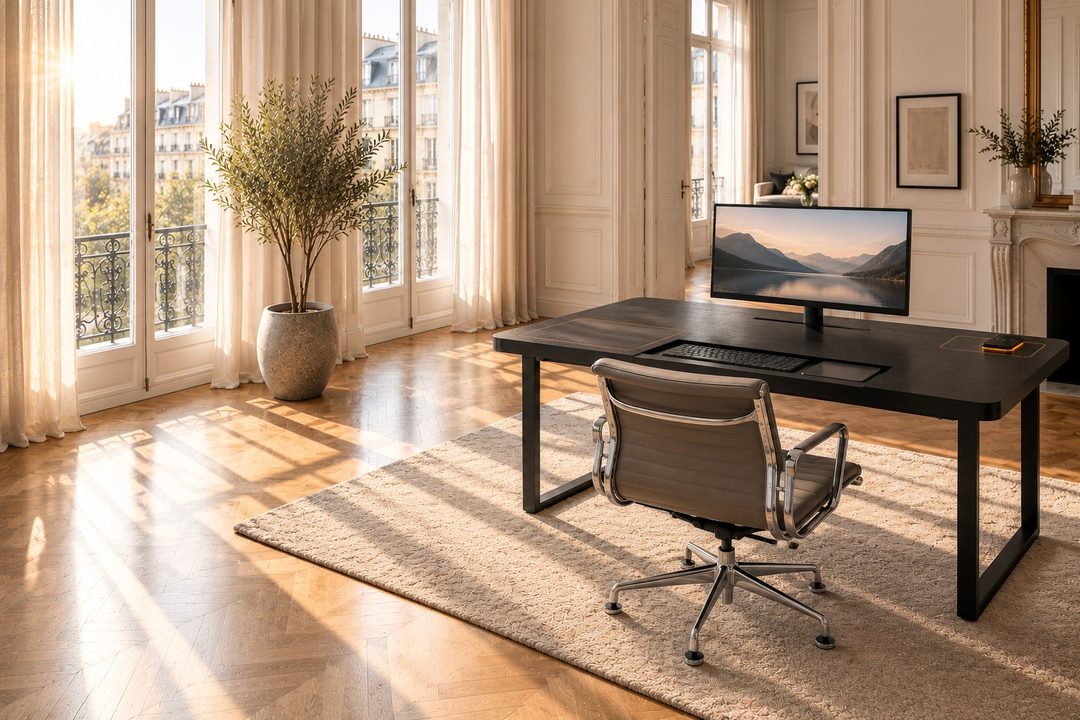 heighten desk connected: screen raised, keyboard and touchpad out, phone on the charging area