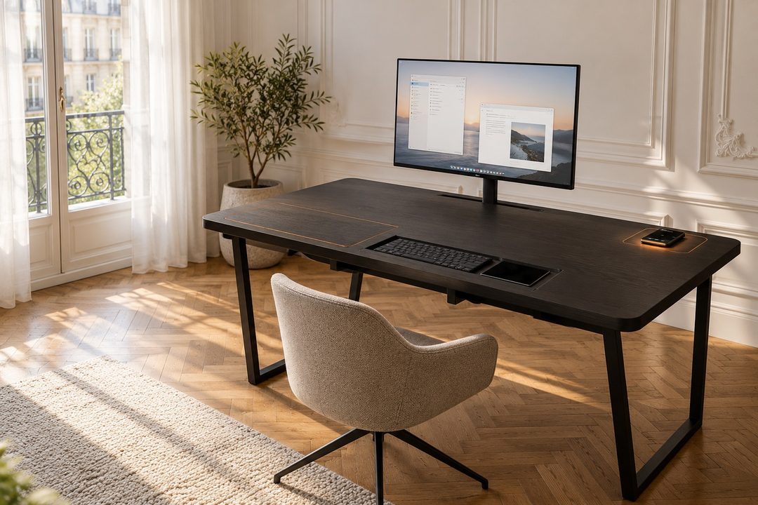 Open desk with the screen raised and the keyboard