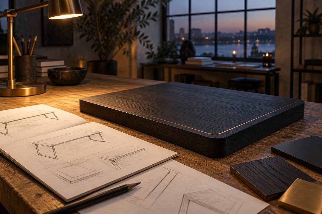 Design studio: a sample of the black oak top with its copper inlay and sketches of the desk